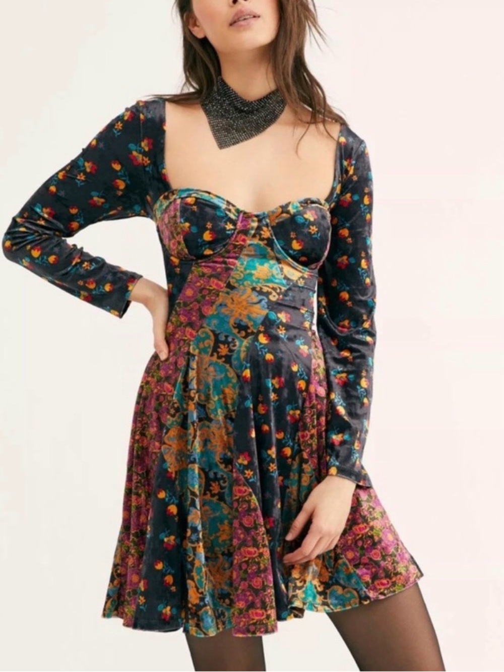 Free People Regina Velvet Floral Bustier Mini Dress XS Long Sleeve Cottagecore